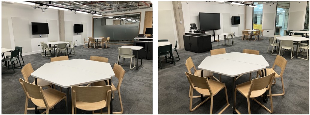 Classroom with table and chairs set up for active learning.